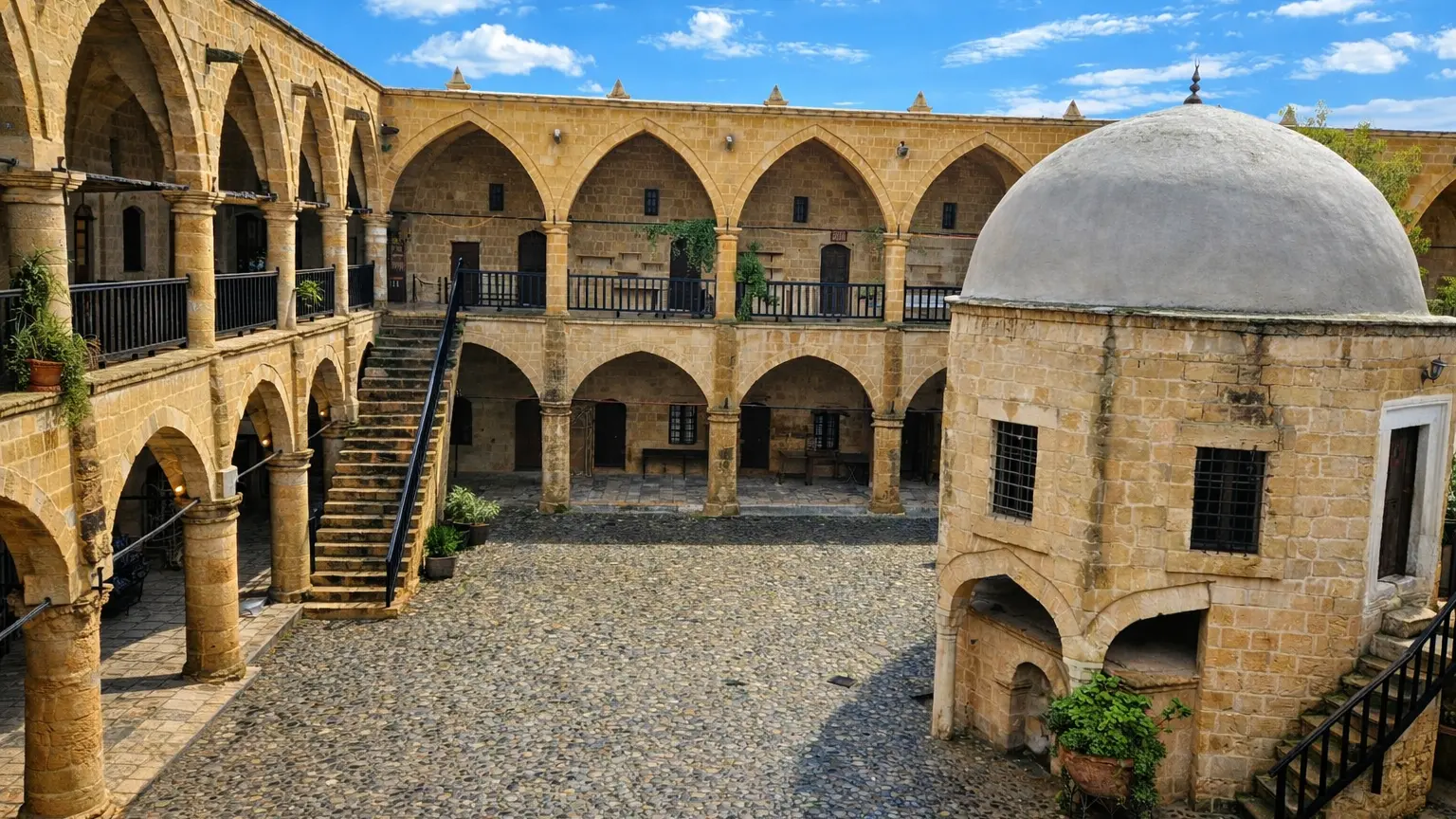 Büyük Han Nicosia – tradycyjny dziedziniec i architektura karawanseraju z czasów osmańskich