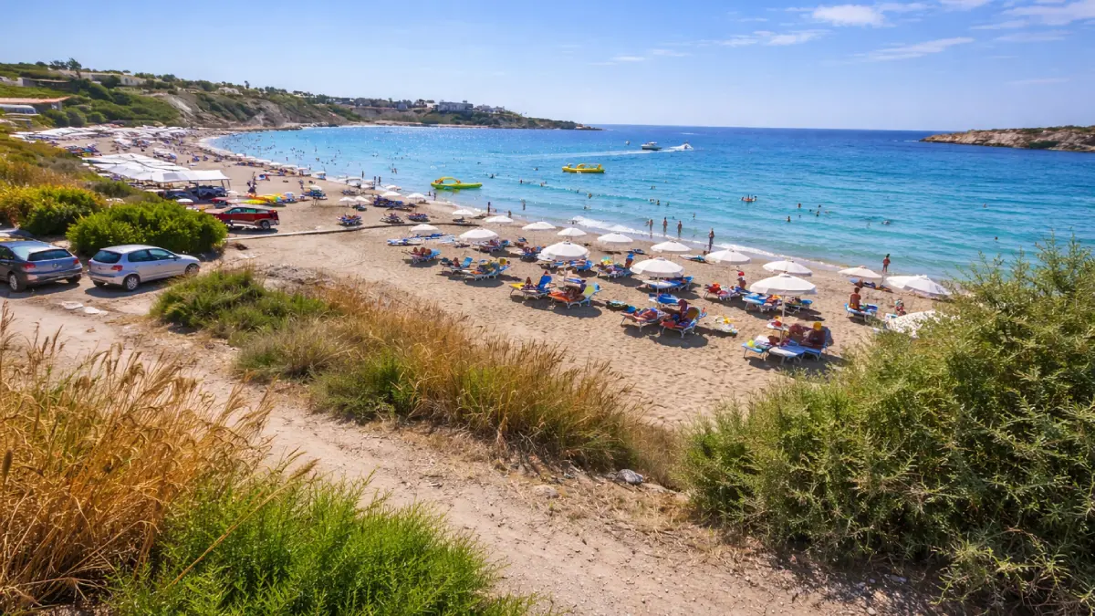 Plaża Coral Bay w Pegeia koło Pafos na Cyprze – złoty piasek w osłoniętej zatocze z turkusową wodą