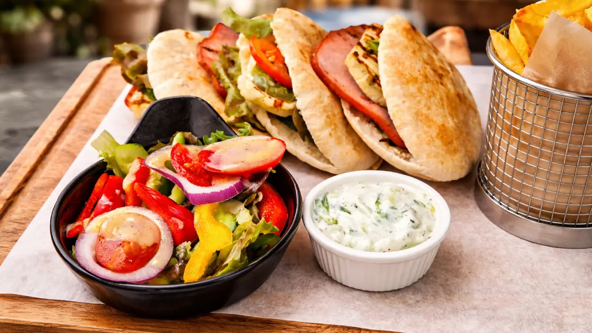 Cypryjska pita z grillowanym serem halloumi, lountzą i świeżymi warzywami podawana z sałatką