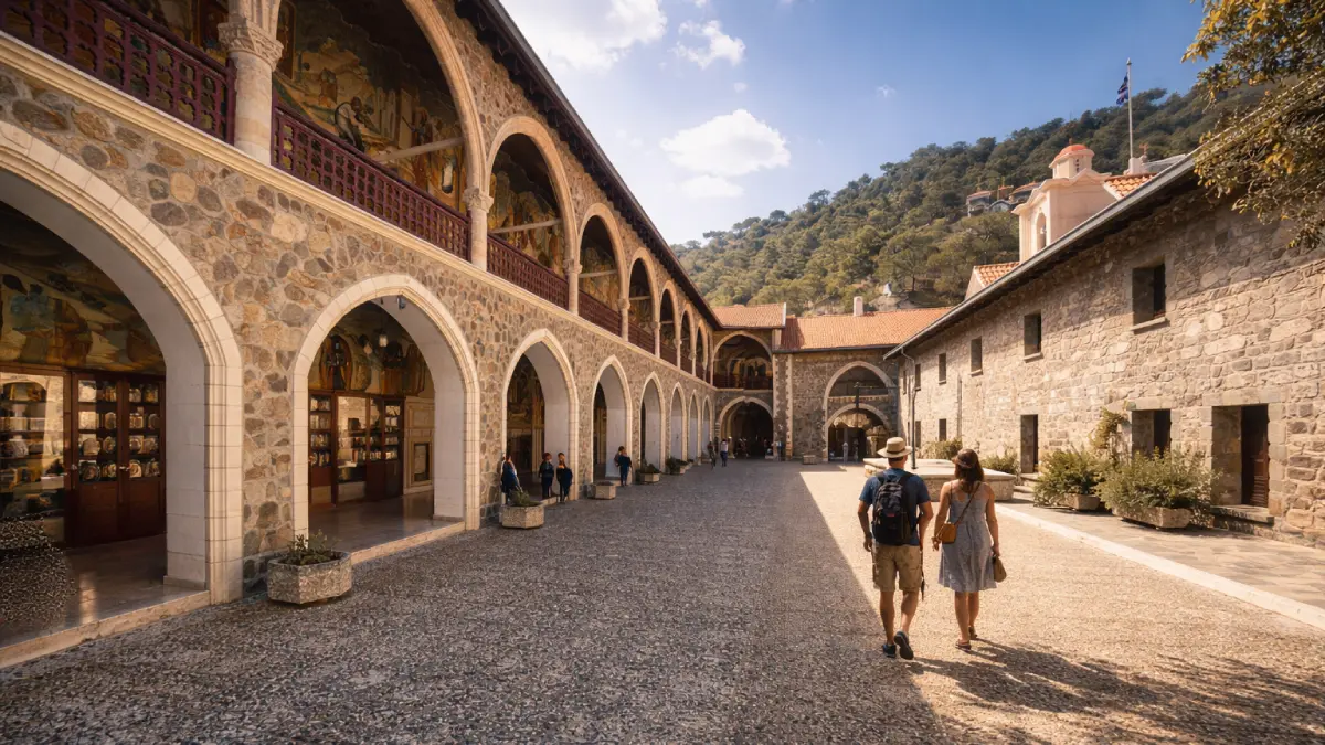 Klasztor Kykkos na Cyprze – bogato zdobione złote mozaiki i dziedziniec najważniejszego monastyru na wyspie