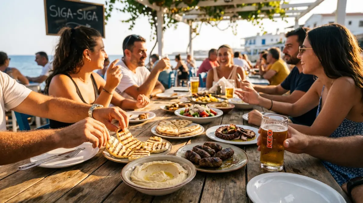 Cypryjskie meze na stole – dziesiątki małych talerzyków z lokalnymi daniami, sery i grillowane mięsa