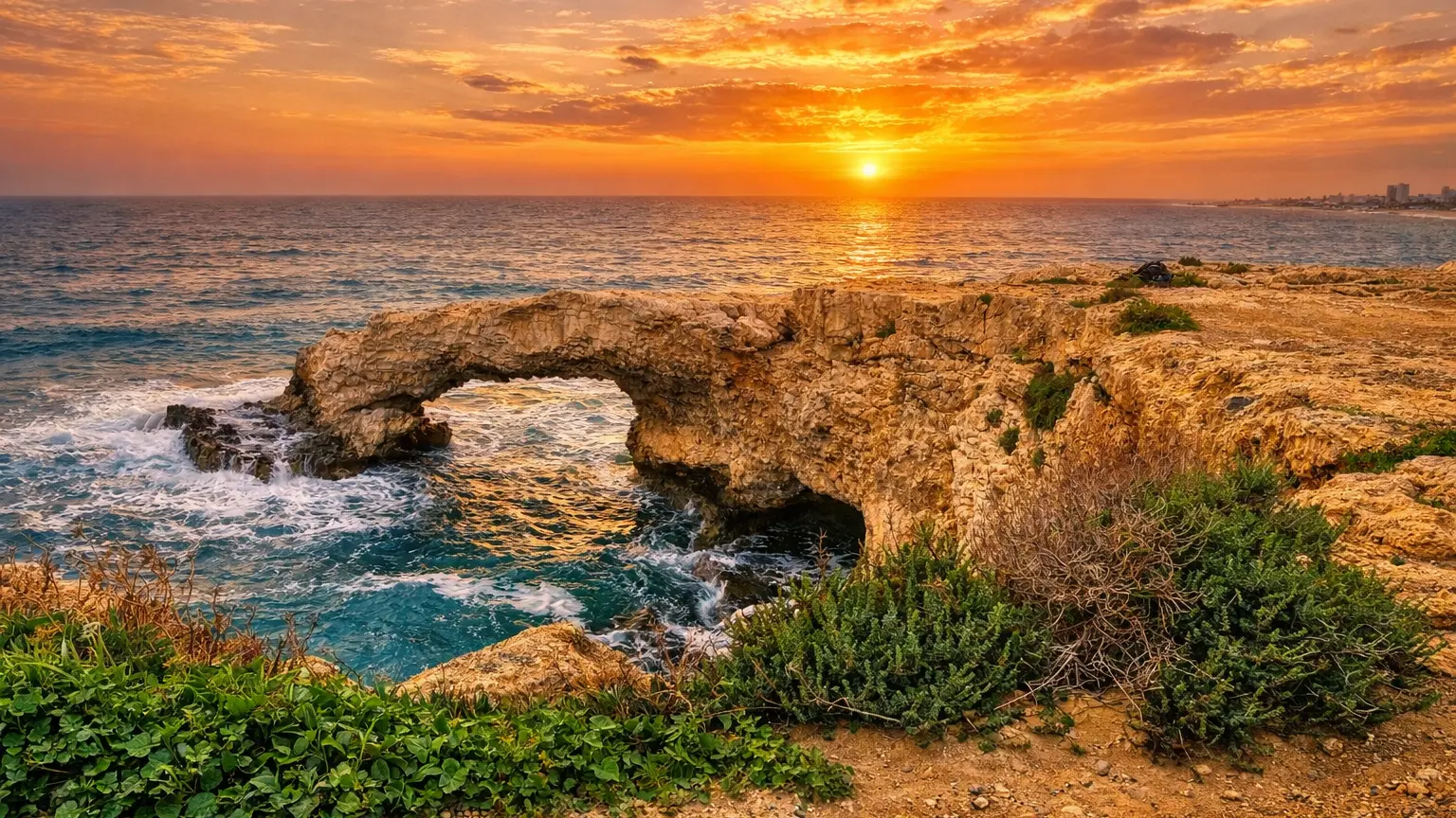 Naturalny skalny Most Miłości w Ayia Napa na Cyprze podczas zachodu słońca