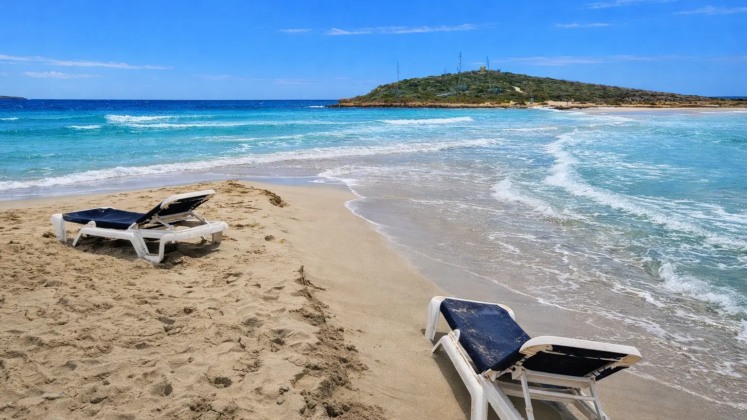 Pusta plaża Nissi Beach w Ayia Napie zimą – turkusowa woda i brak tłumów na Cyprze