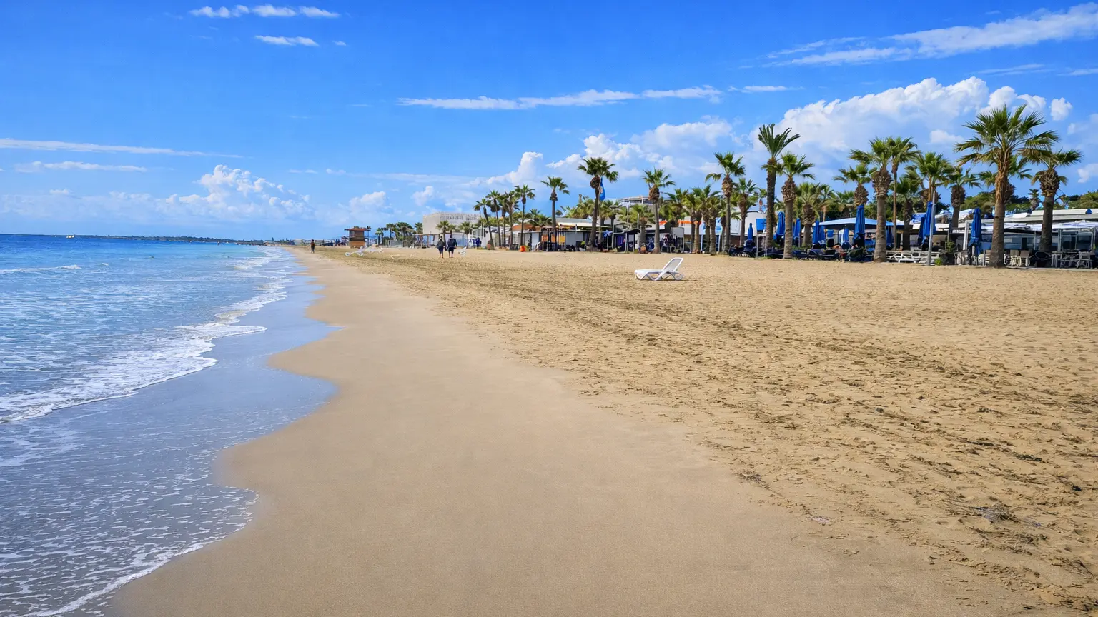 Plaża Mackenzie (Mackenzie Beach) w Larnace zimą – szerokie wybrzeże i spokój
