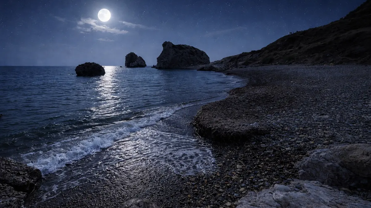 Skała Afrodyty (Petra tou Romiou) nocą przy świetle księżyca