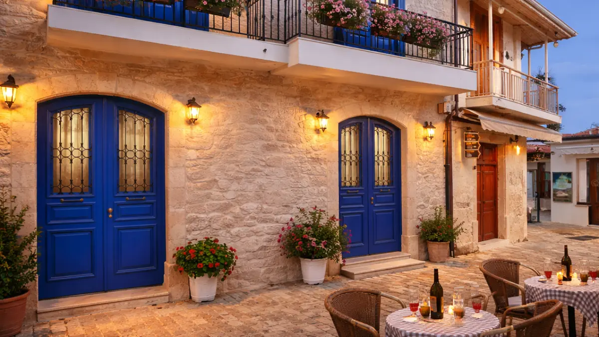 Wioska Omodos na Cyprze – tradycyjna uliczka z winiarniami i stolikami w górach Troodos